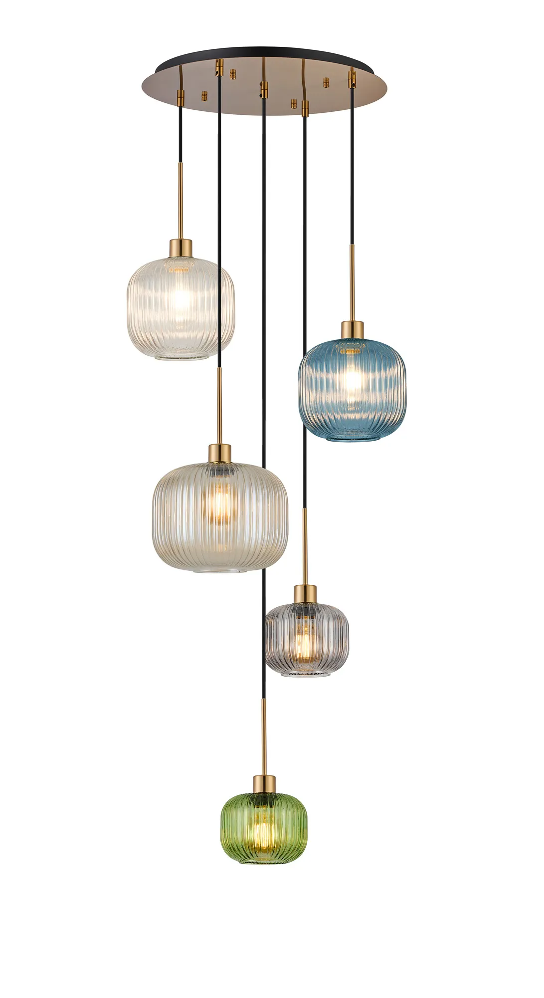 DK1201  Lori 45cm Round Pendant, 5 Light Adjustable E27, Antique Gold/Green/Petrol Blue/Champagne/Clear/Smoked Pumpkin Ribbed Shades